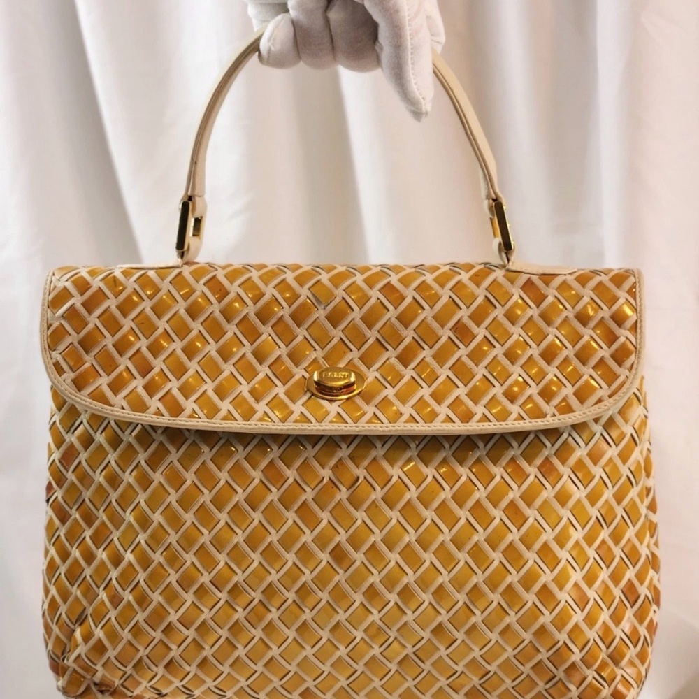 Bally Hand Bag Top Handle Braided Leather Purse Turn Lock Cream and Yellow - Picture 3 of 14